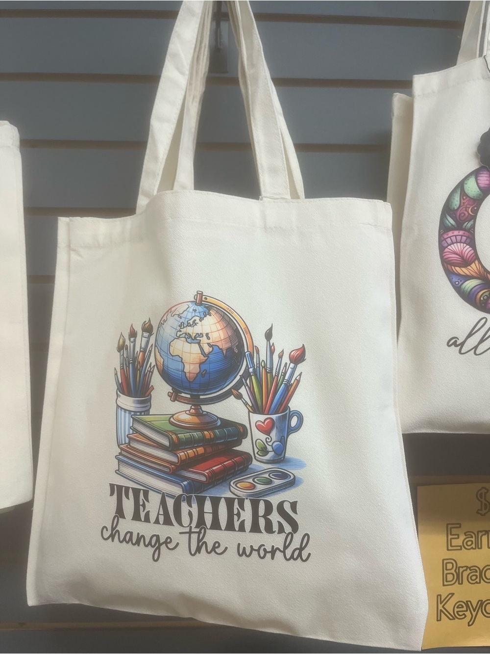 Teachers Change the World Canvas Tote in Cream with Multicolor Print